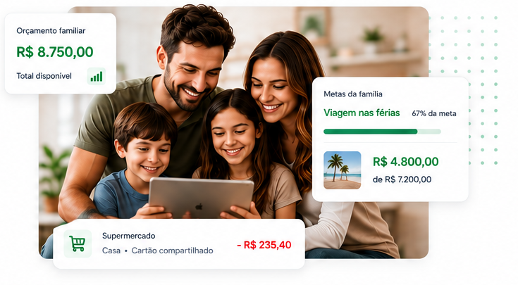 Família reunida organizando as finanças com o Nummia