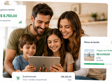 Família reunida organizando suas finanças em casa